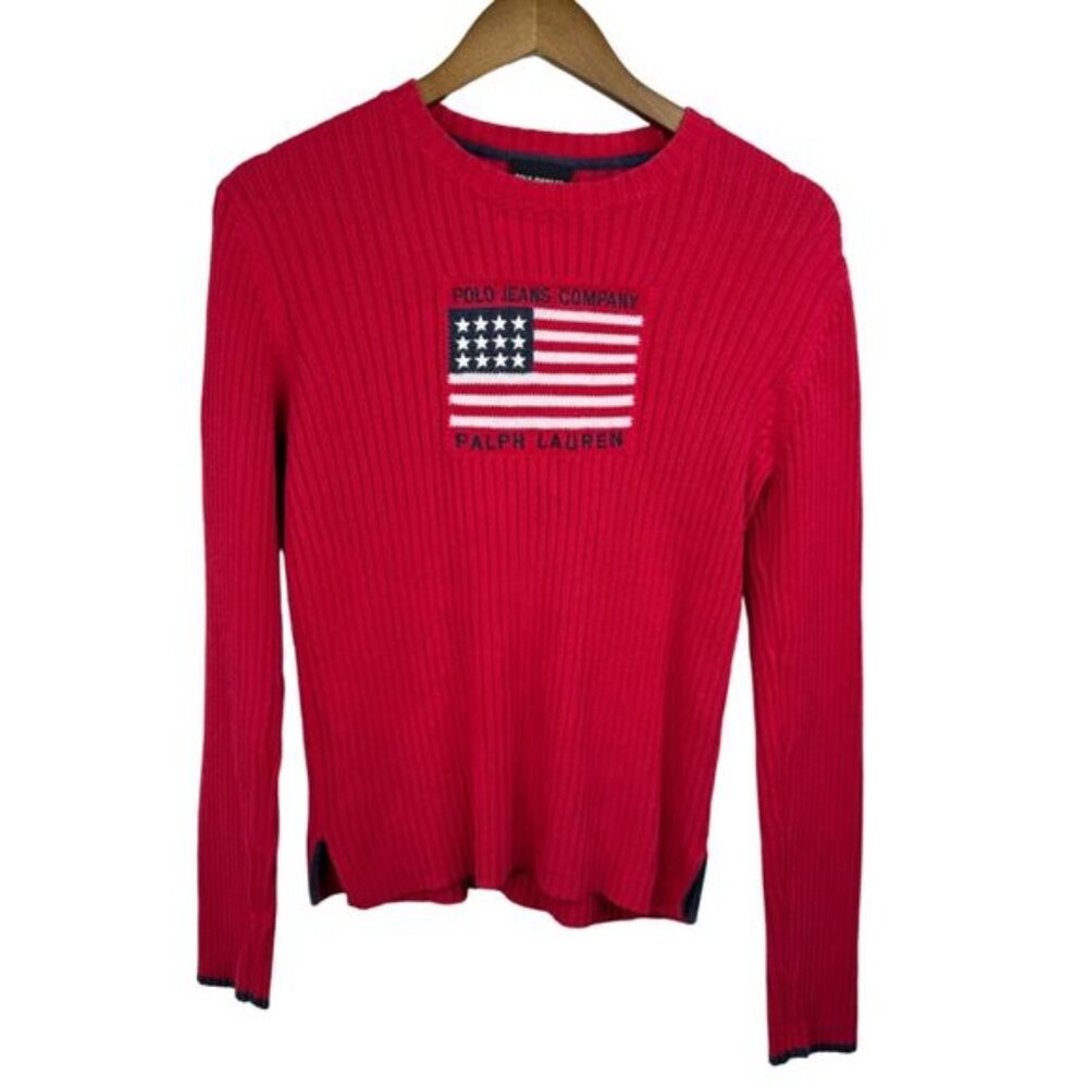 Polo Jeans Co. Ralph Lauren Red American Flag Knit Sweater Y2K 90s VTG USA